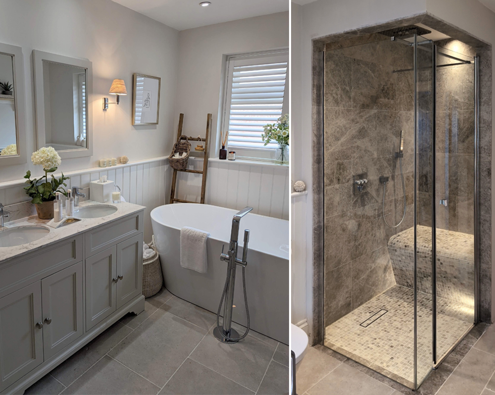 (Left) Grey stone-effect porcelain bathroom floor tiles, (Right) Grey marble-effect and mosaic shower tiles
